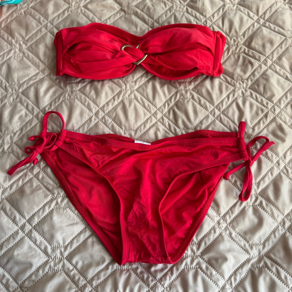 Xhiliration Red strapless bikini with gold heart